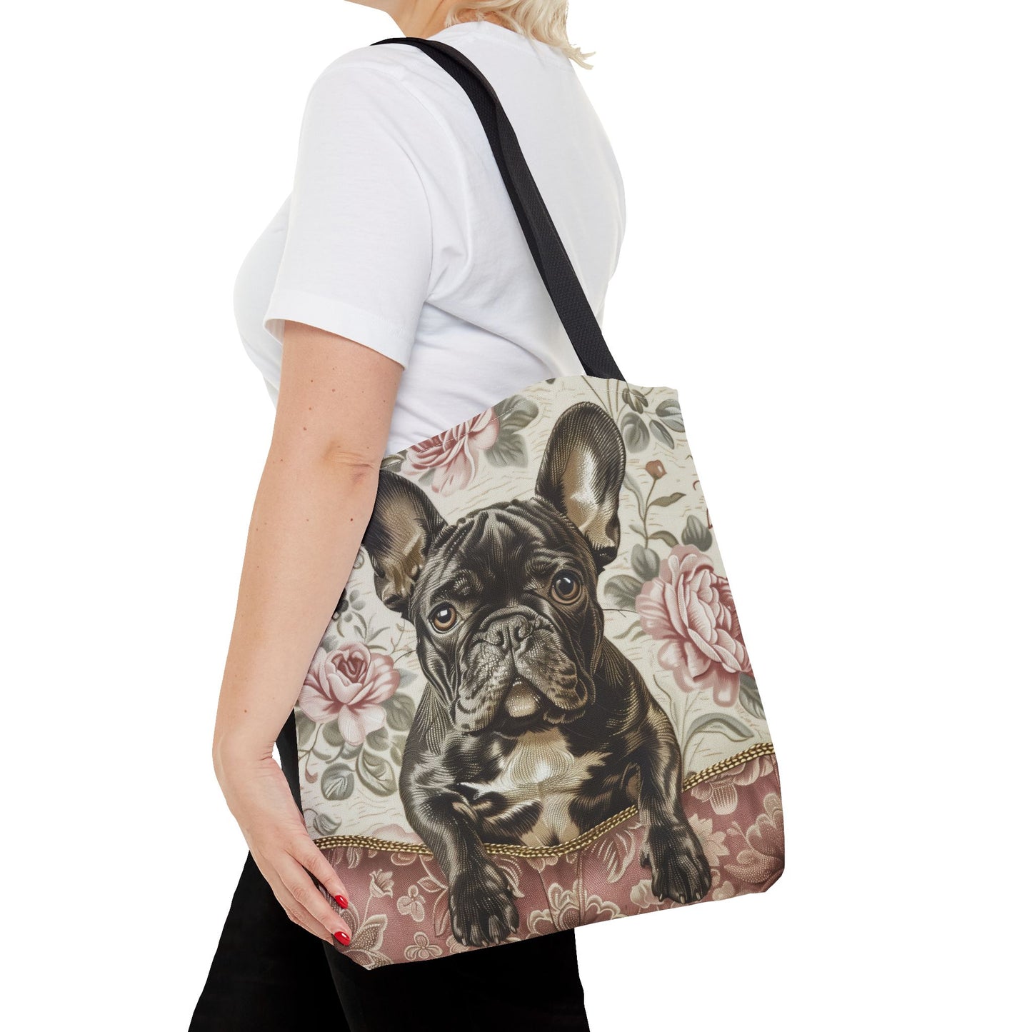 Frenchie Blossom Tote Bag - Brindle French Bulldog, Floral Elegance