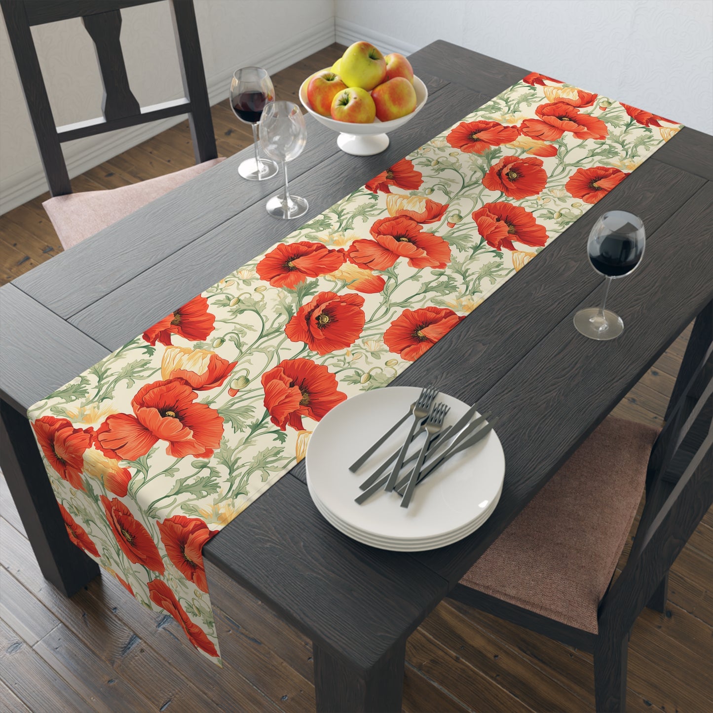 Red Poppy Table Runner | Bright Floral Décor in Red, Green, and Cream (72" or 90")