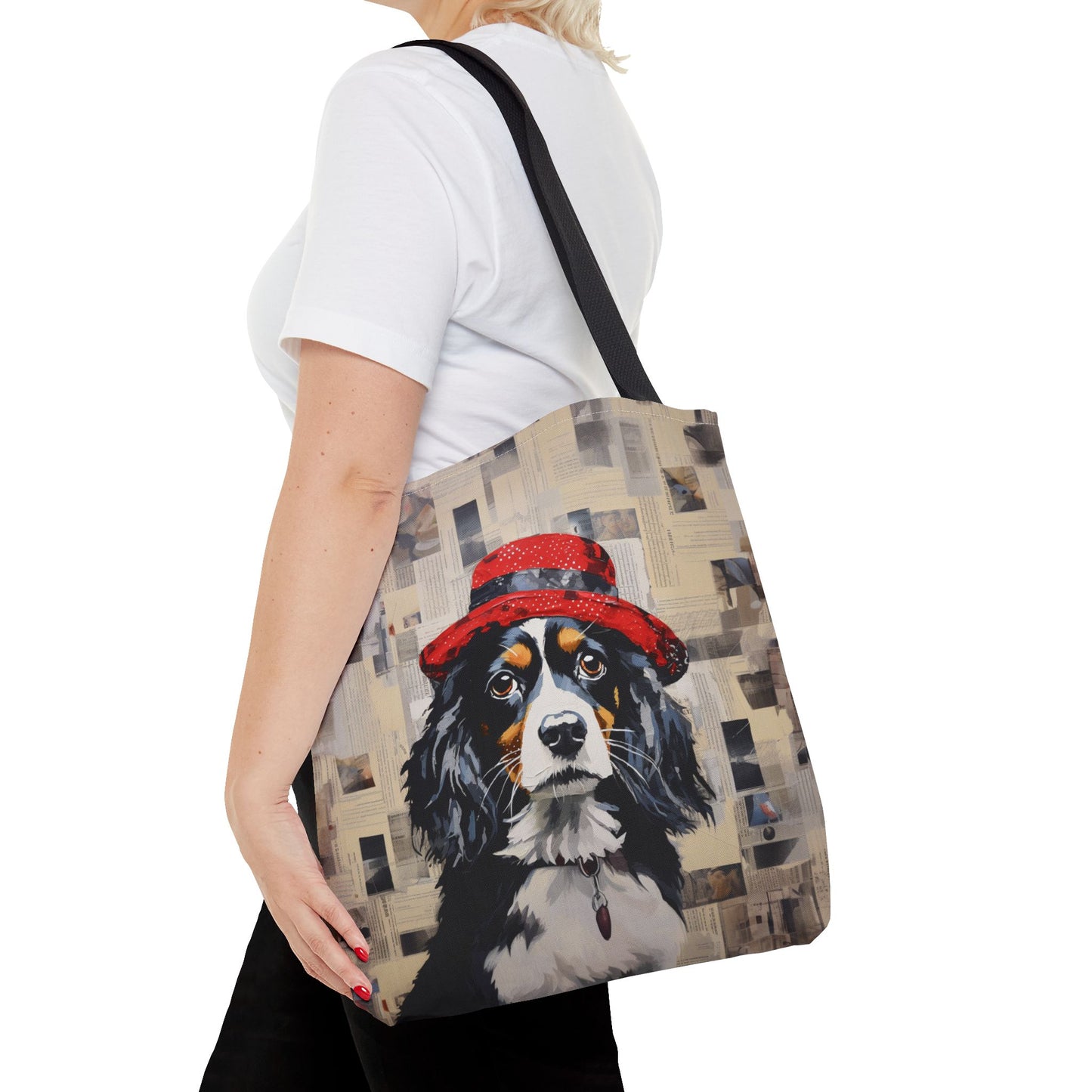 Cavalier King Charles Spaniel Tote Bag, Newsprint Design with Red Hat