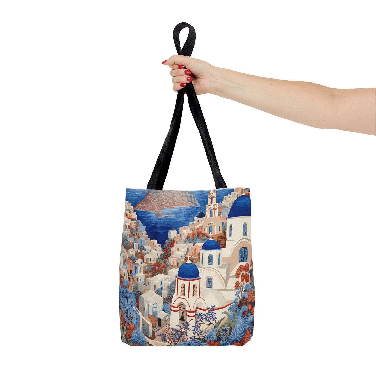 Santorini Blue Dome Scenic Tote Bag, Coastal-Inspired Shopping Bag