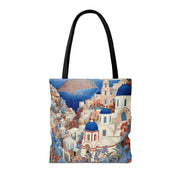 Santorini Blue Dome Scenic Tote Bag, Coastal-Inspired Shopping Bag