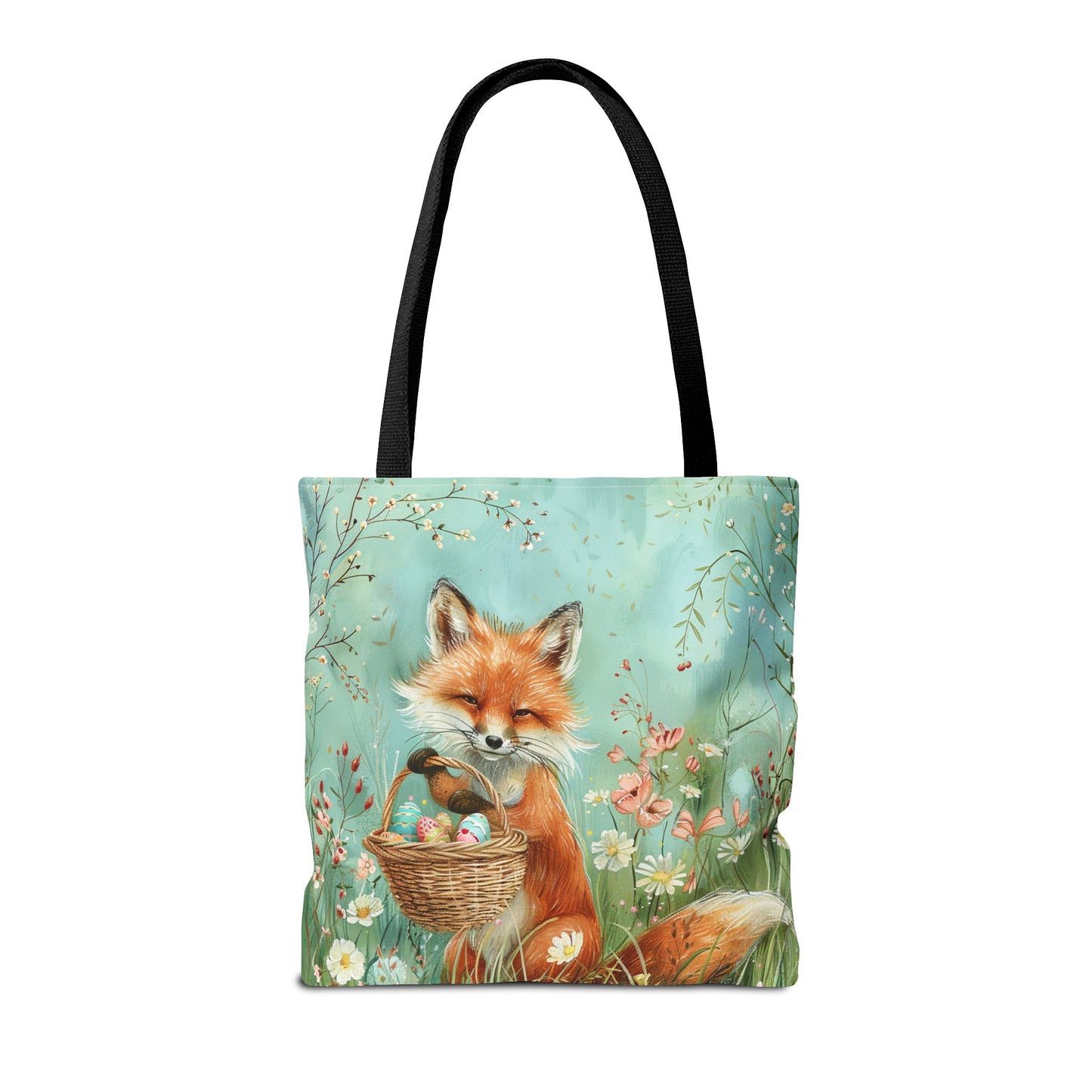 Fox-Inspired Easter Tote Bag with Basket and Floral Meadow Scene