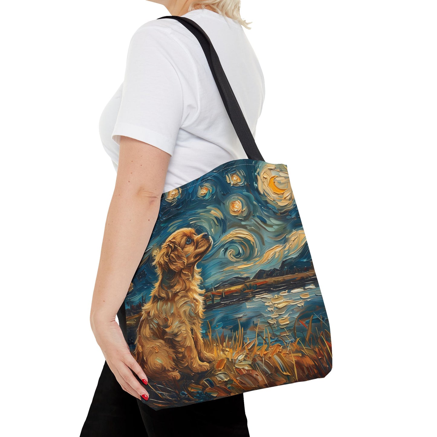 Golden Spaniel Starry Night Fan Tote, Artistic Pet Lover Gift