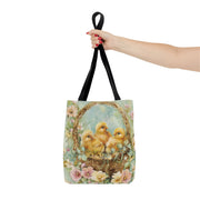 Easter Chick Trio Canvas Tote Bag, Spring Floral Shopping Bag