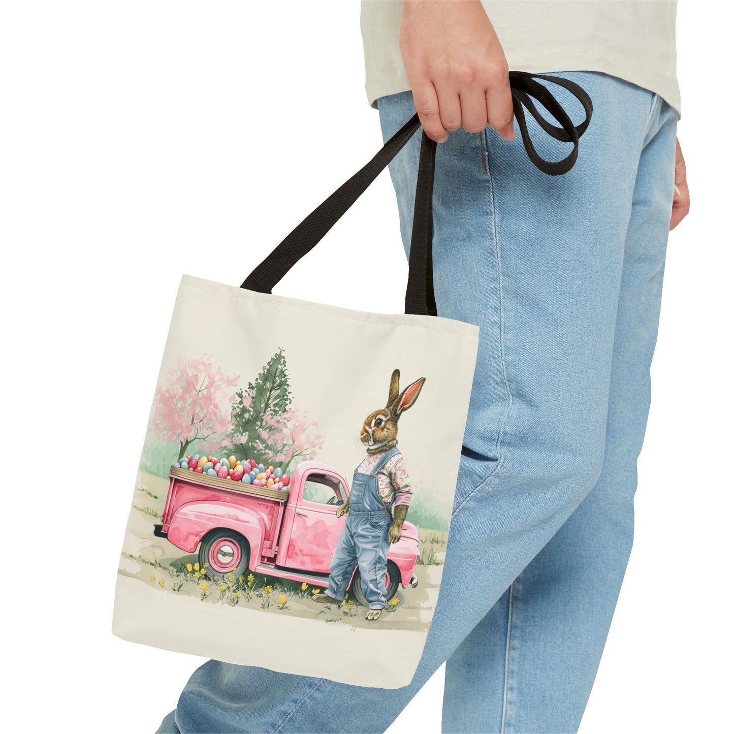 Vintage Easter Bunny Tote Bag, Pink Truck Design, Eco-Friendly Canvas