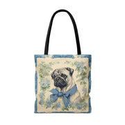 Charming Pug Tote Bag with Blue Bow and Floral Design