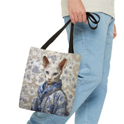 Elegant Oriental Cat Tote Bag in Blue Floral Design