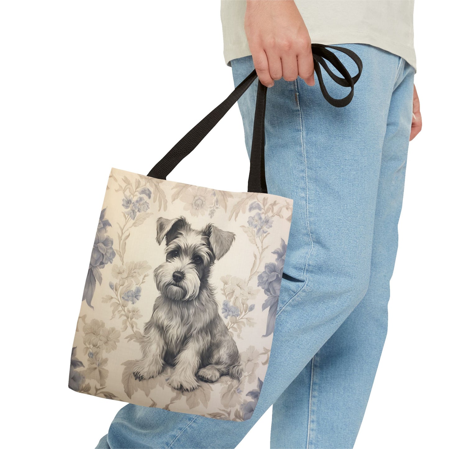 Mini Schnauzer Floral Tote Bag, Artistic Canvas Shopping Bag