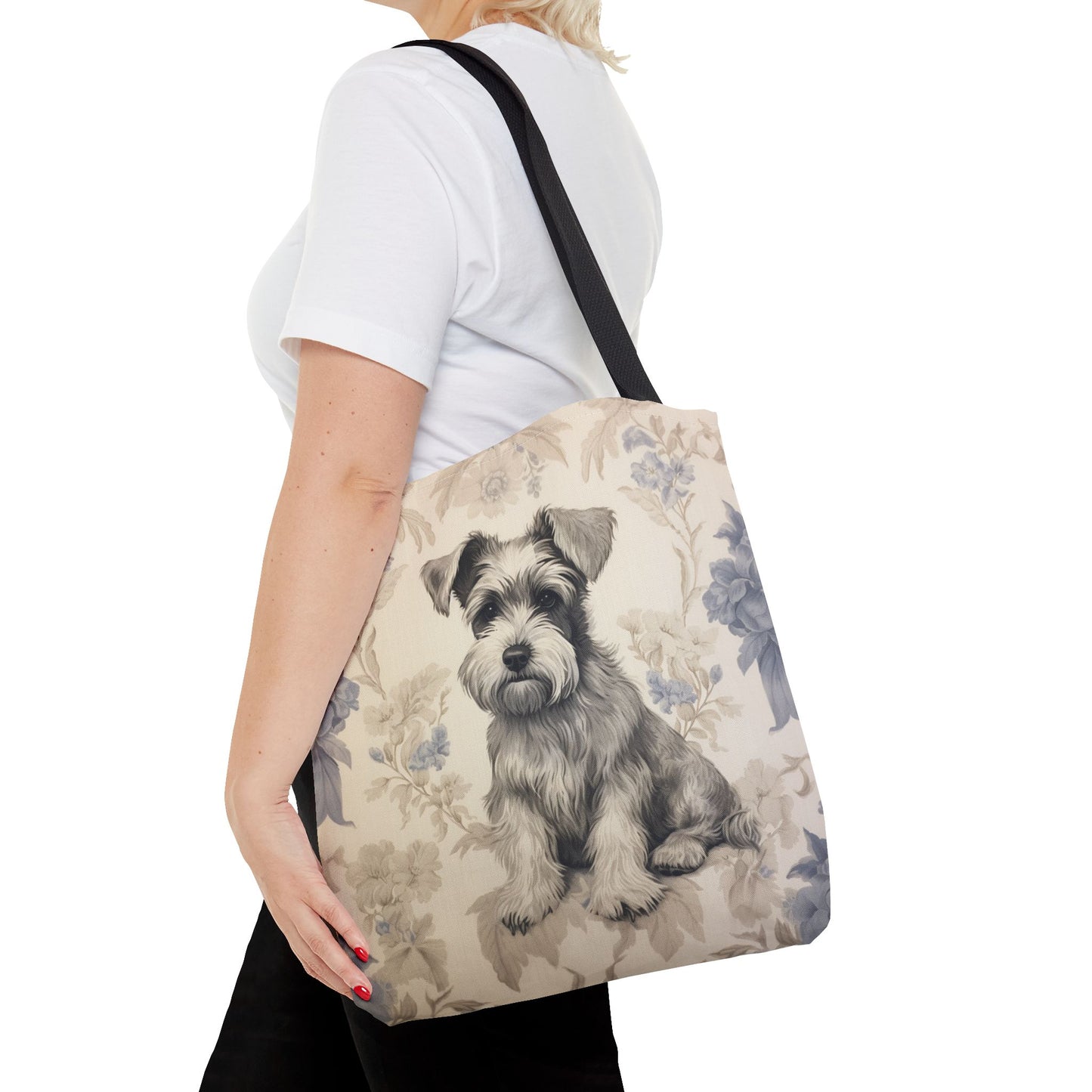 Mini Schnauzer Floral Tote Bag, Artistic Canvas Shopping Bag