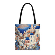 Santorini Blue Dome Scenic Tote Bag, Coastal-Inspired Shopping Bag