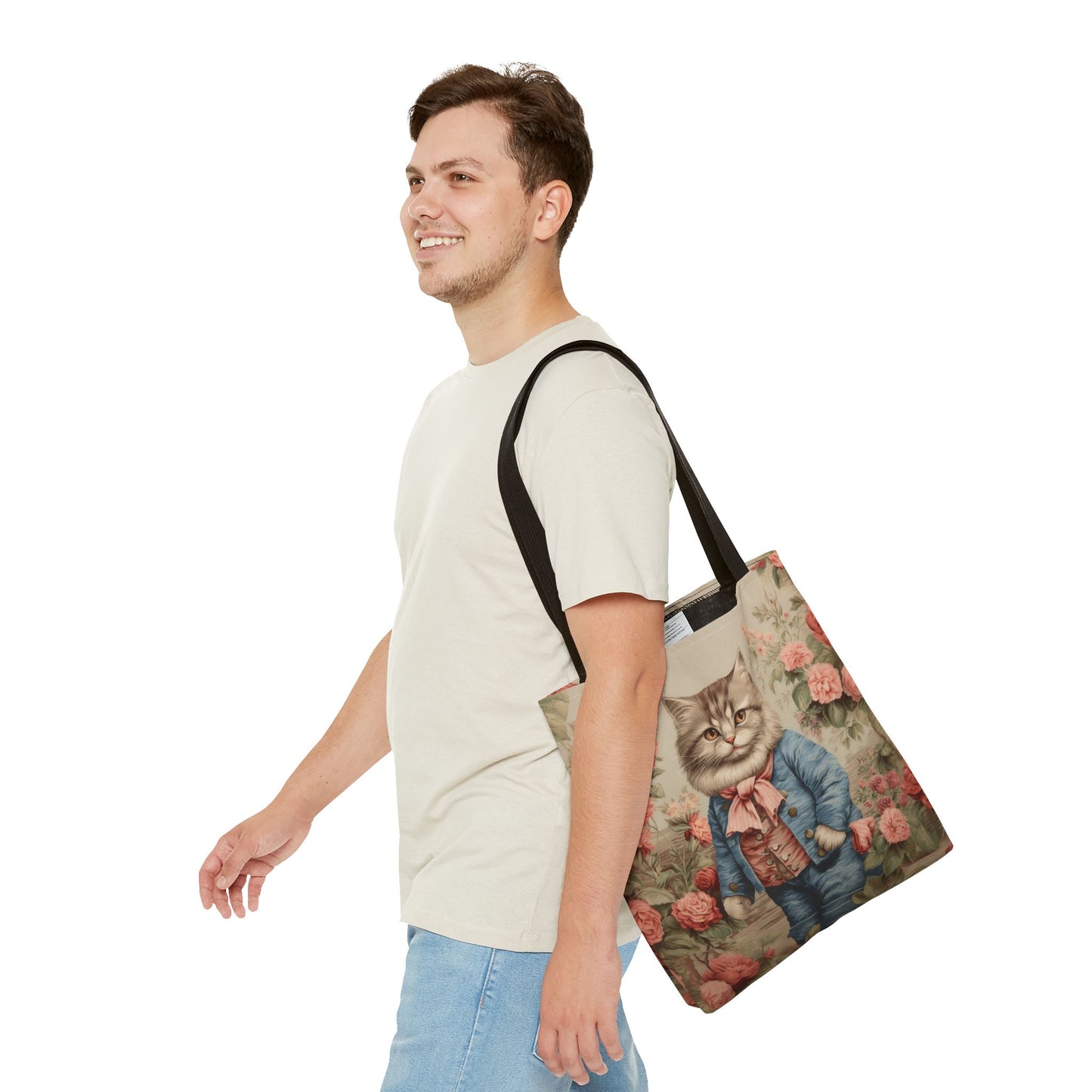 Whimsical Victorian Cat Tote Bag, Floral Eco-Friendly Canvas Bag