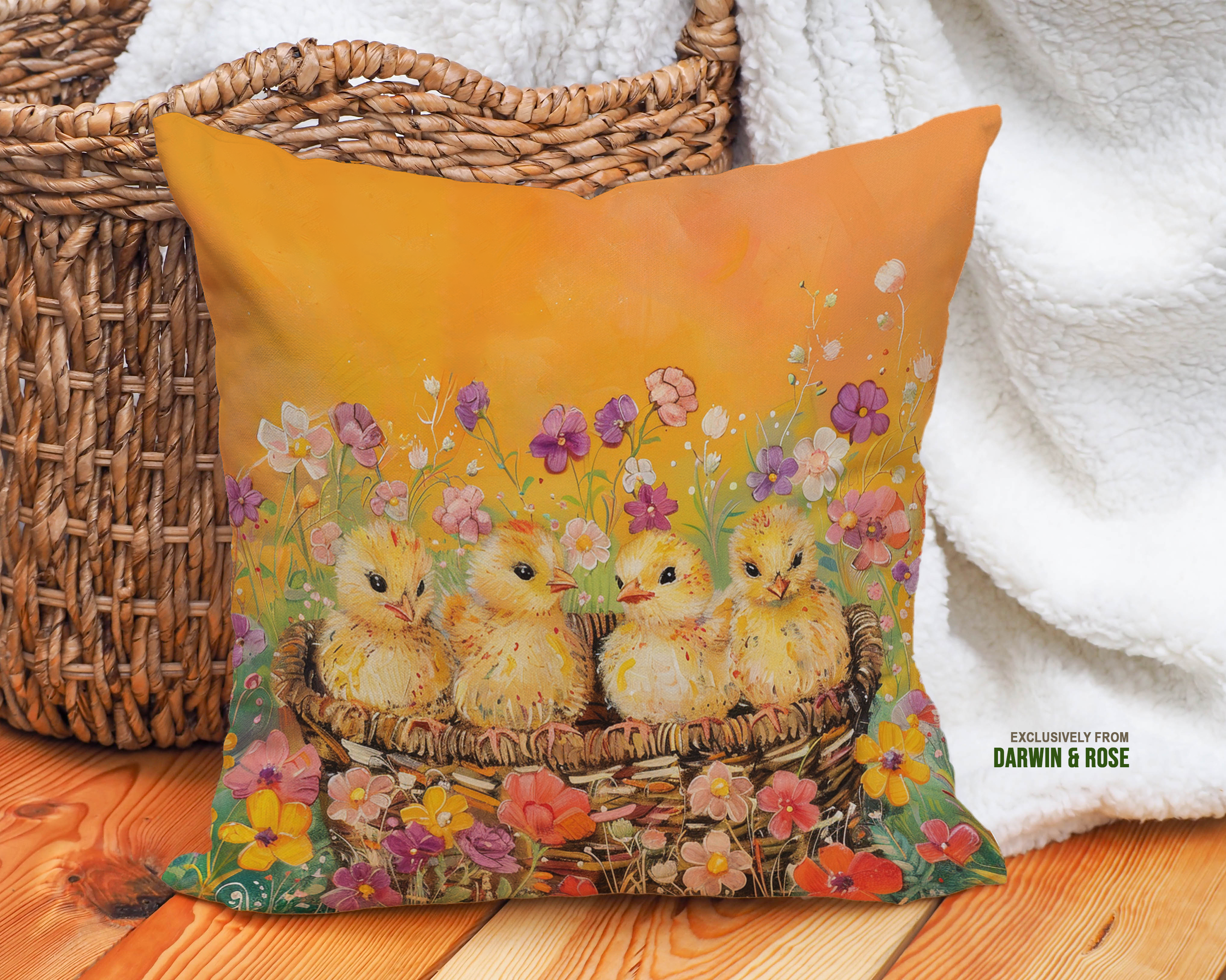Springtime Basket of Easter Chicks Throw Pillow - Vibrant Farmhouse Charm