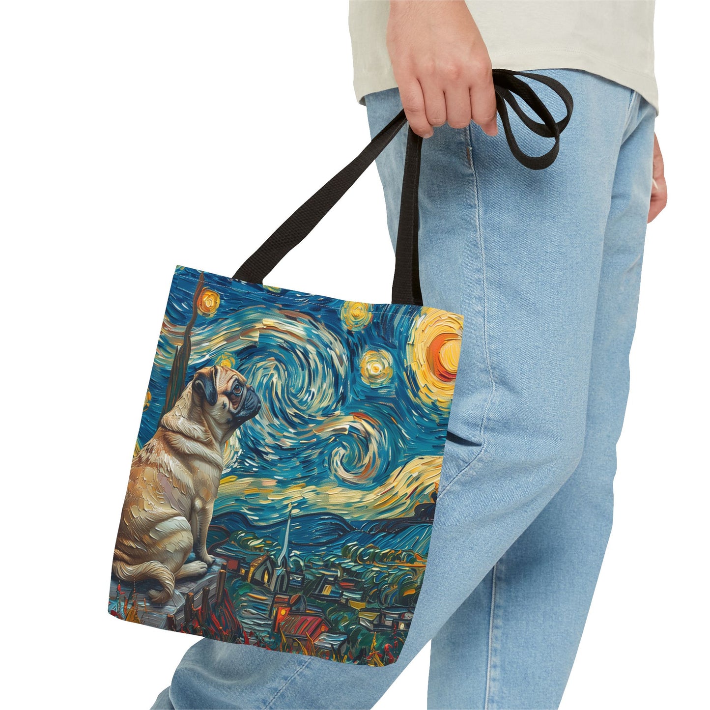 Starry Pug Canvas Tote Bag - Artistic Van Gogh-Inspired Design