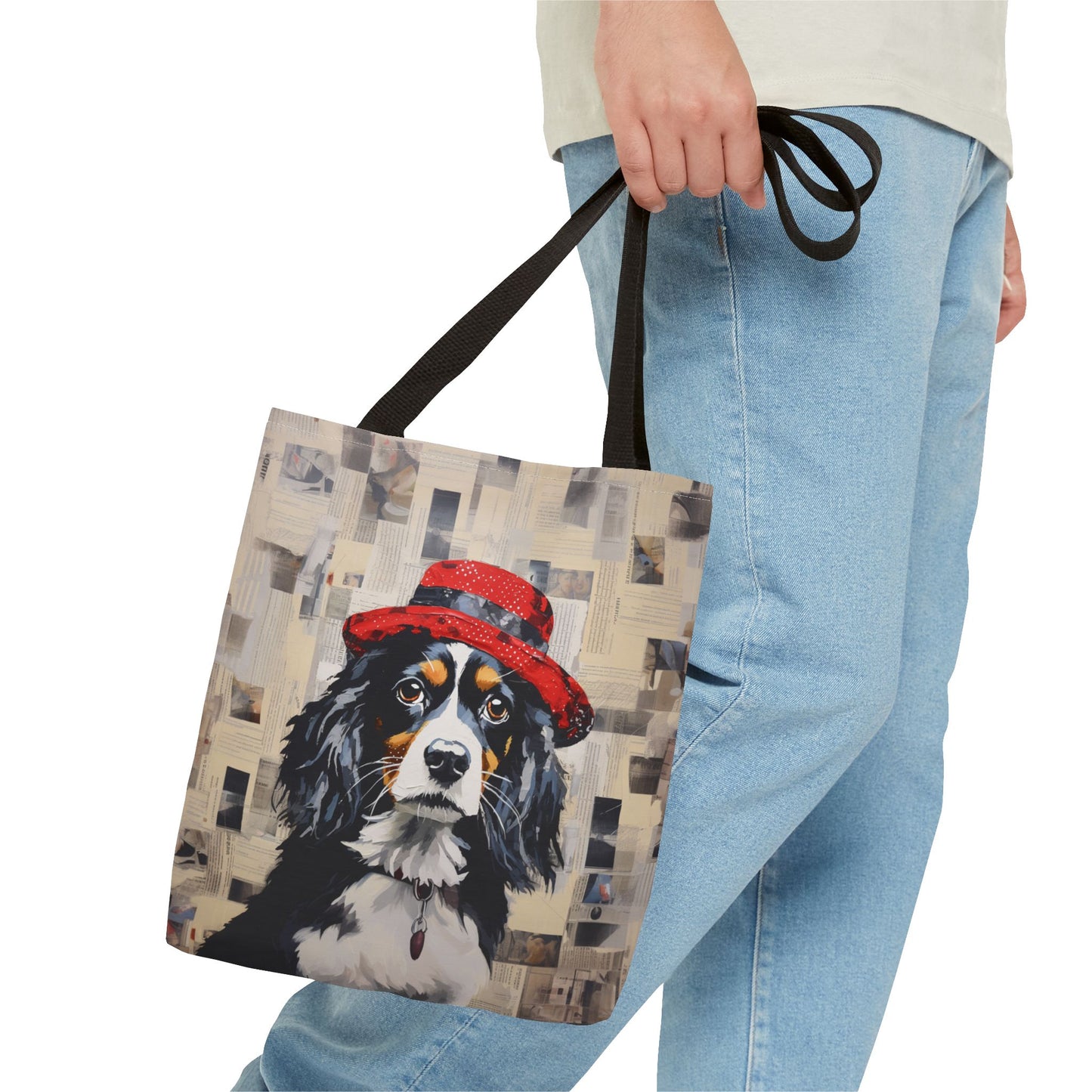 Cavalier King Charles Spaniel Tote Bag, Newsprint Design with Red Hat