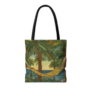 Tropical Paradise Canvas Tote Bag, Palm Tree Hammock Beach Design