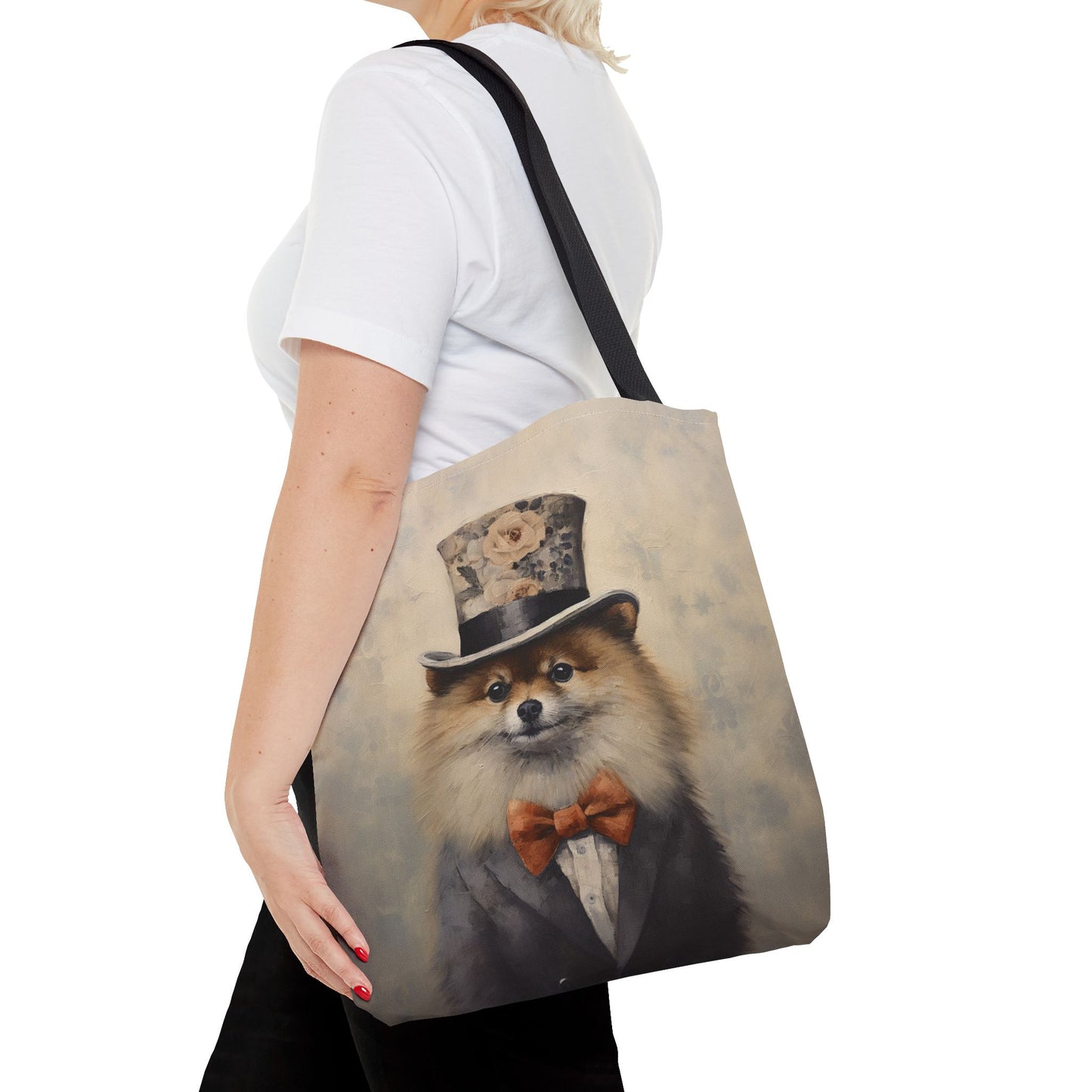 Regal Pomeranian Tote Bag with Floral Accent, Reusable Shopping Bag