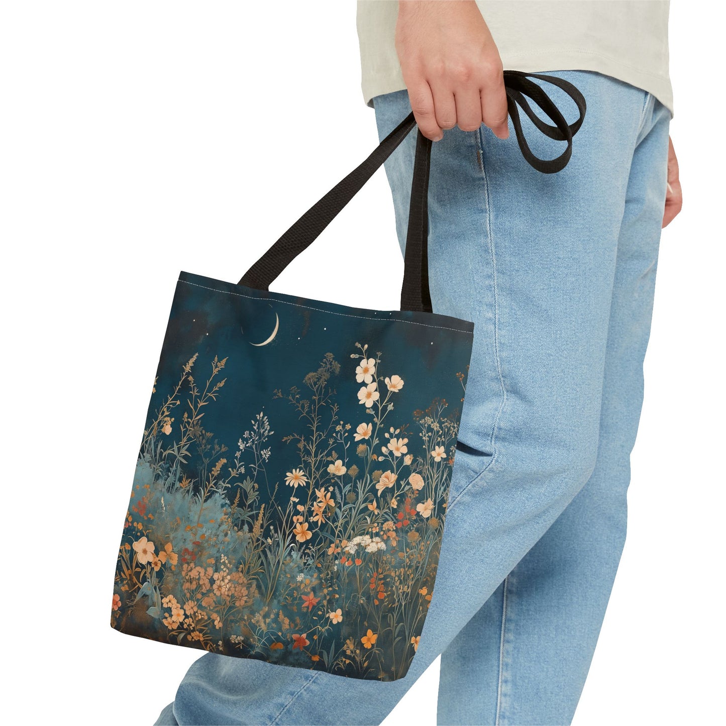 Nocturnal Bloom Crescent Moon Canvas Tote Bag, Floral Eco-Friendly Gift