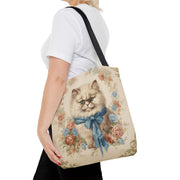 Persian Cat Floral Elegance Tote Bag with Blue Bow for Cat Lovers