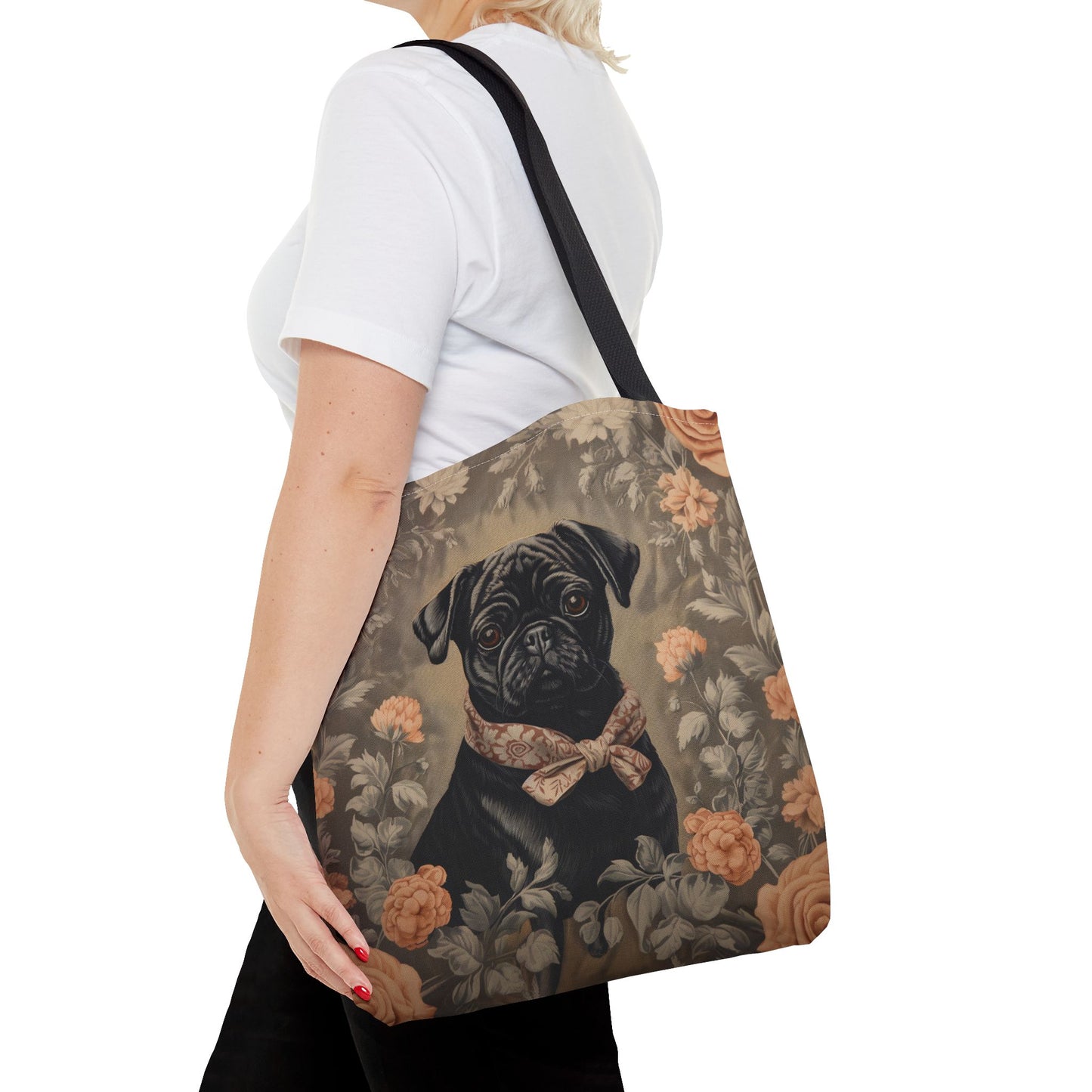 Charming Black Pug Floral Tote Bag with Elegant Bowtie Design