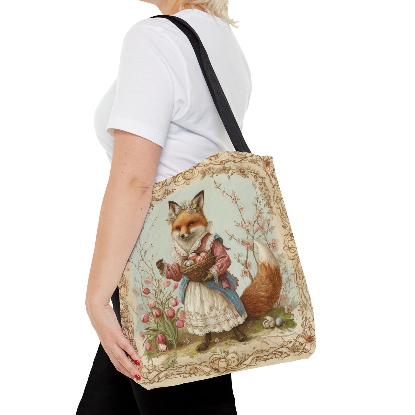 Easter Fox Tote Bag with Tulip Garden, Eco-Friendly Market Bag