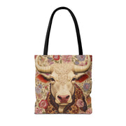 Floral Bull Art Tote Bag - Rustic Eco-Friendly Market Tote