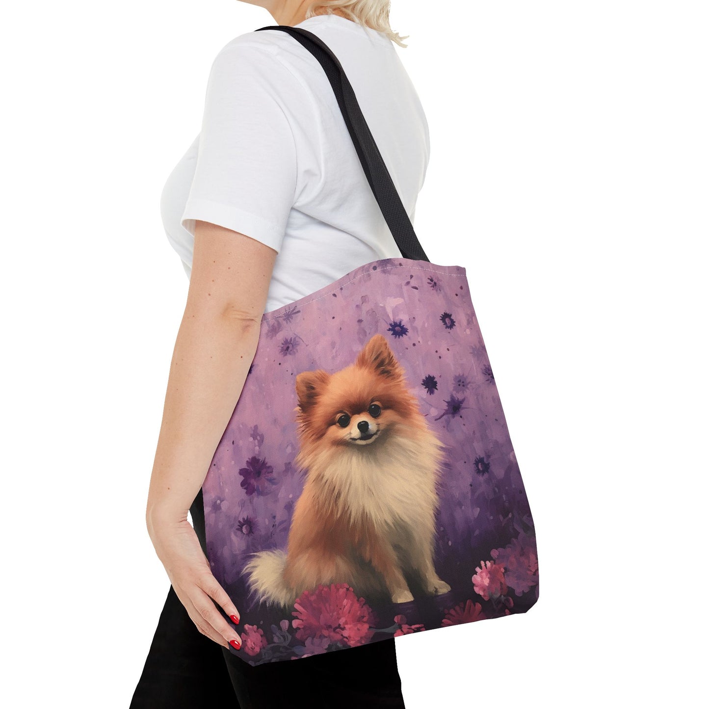 Whimsical Pomeranian Tote Bag, Purple Floral Canvas for Dog Lovers