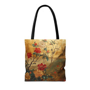 Elegant Floral Canvas Tote Bag – Gold & Red Botanical Design