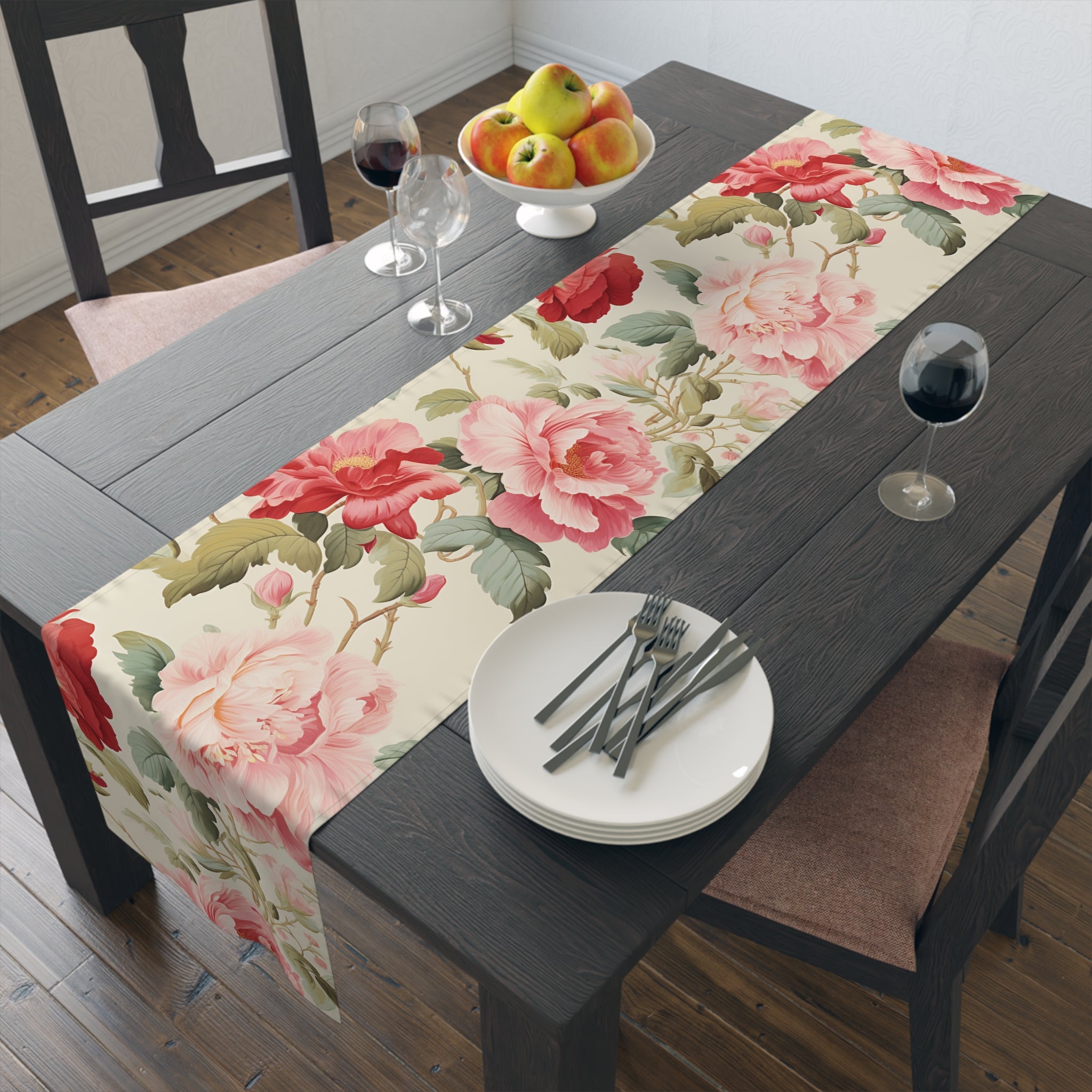 Peony Garden Table Runner | Pink and Red Floral Décor (72" or 90")