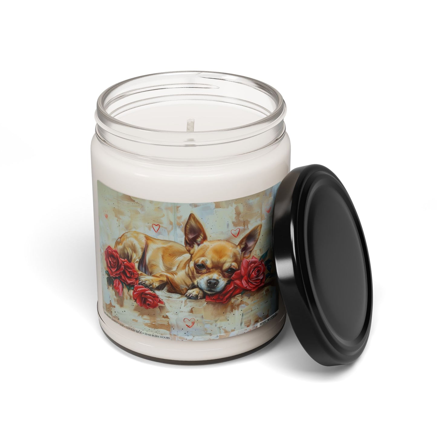 Charming Chihuahua Candle – Vintage Art with Red Roses