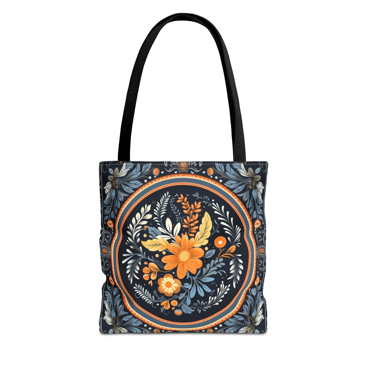 Elegant Botanical Tote Bag with Orange and Blue Floral Design