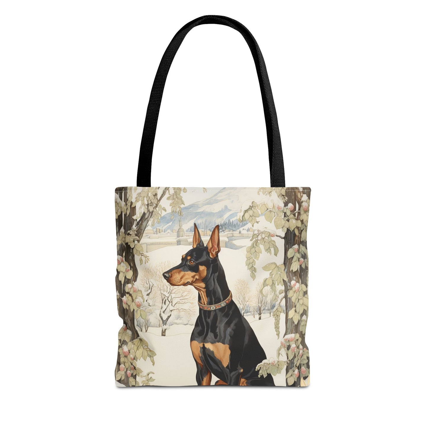 Winter Doberman Tote Bag – Elegant Snowy Alpine Scene Canvas Bag