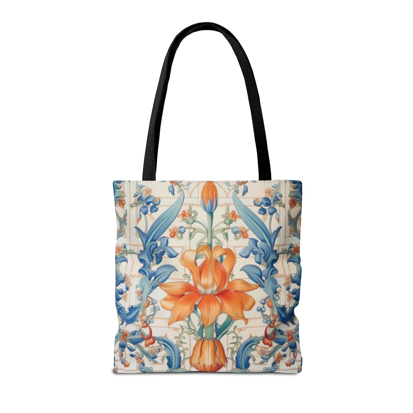 Floral Elegance Tote Bag, Vibrant Orange and Blue Reusable Shopper