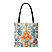 Floral Elegance Tote Bag, Vibrant Orange and Blue Reusable Shopper