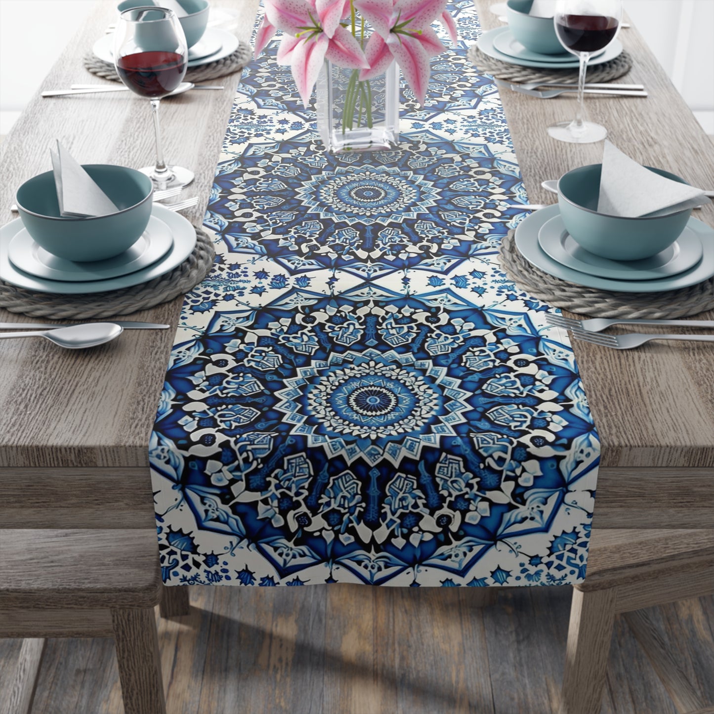 Gzhel-Inspired Table Runner | Blue and White Mandala Design (72" or 90")