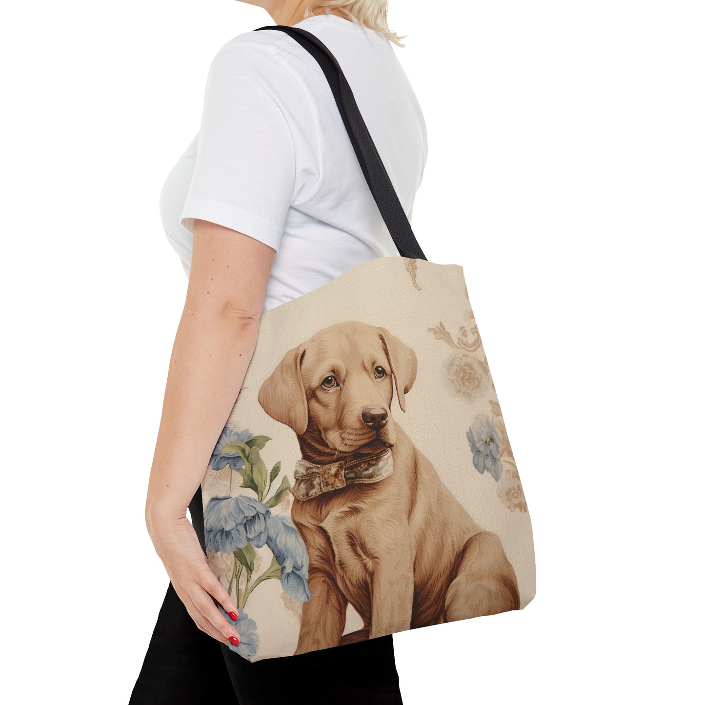 Charming Labrador Puppy Canvas Tote Bag, Floral Design for Dog Lovers