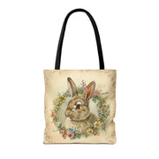 Easter Bunny Floral Tote Bag with Vintage Wreath Design