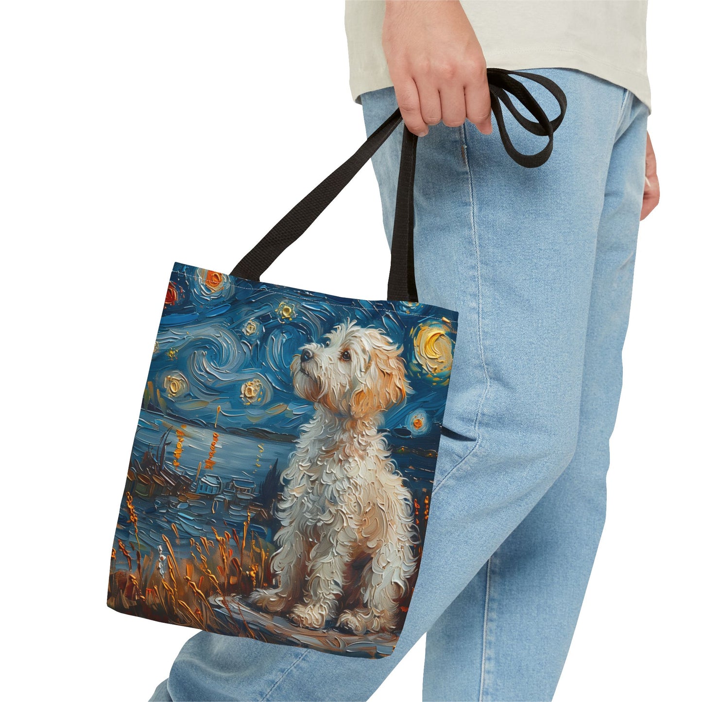 Whimsical Westie Starry Night Tote Bag, Artistic Canvas Shopping Bag