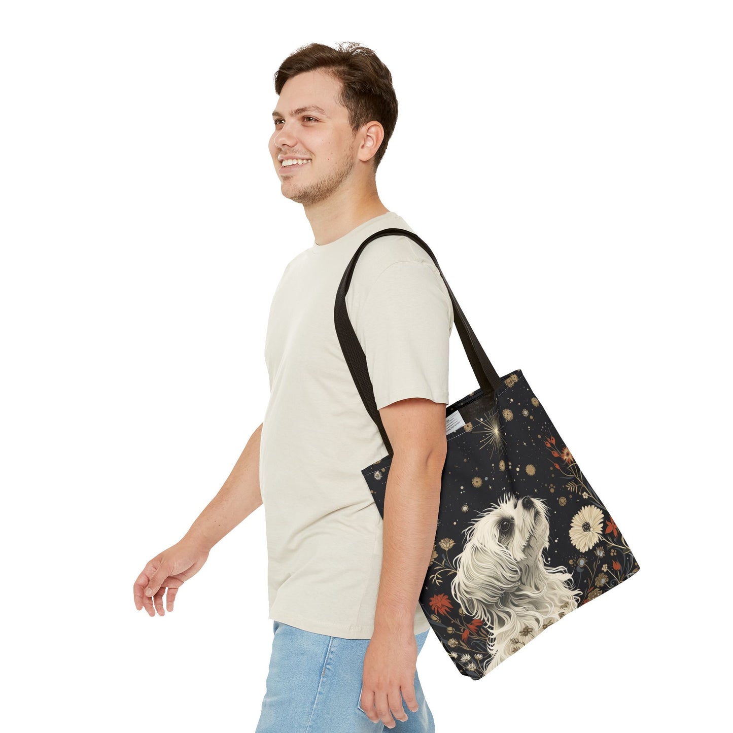 Maltese Starry Night Canvas Tote Bag, Elegant Floral Dog Lover Gift