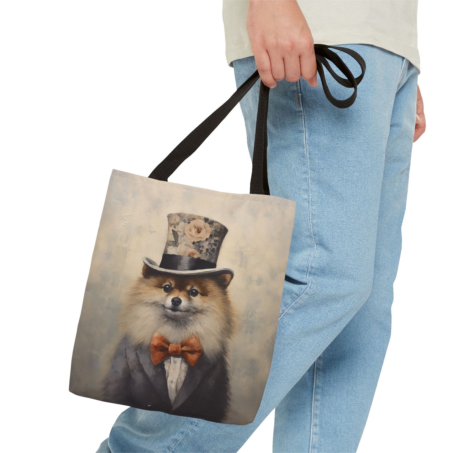 Regal Pomeranian Tote Bag with Floral Accent, Reusable Shopping Bag