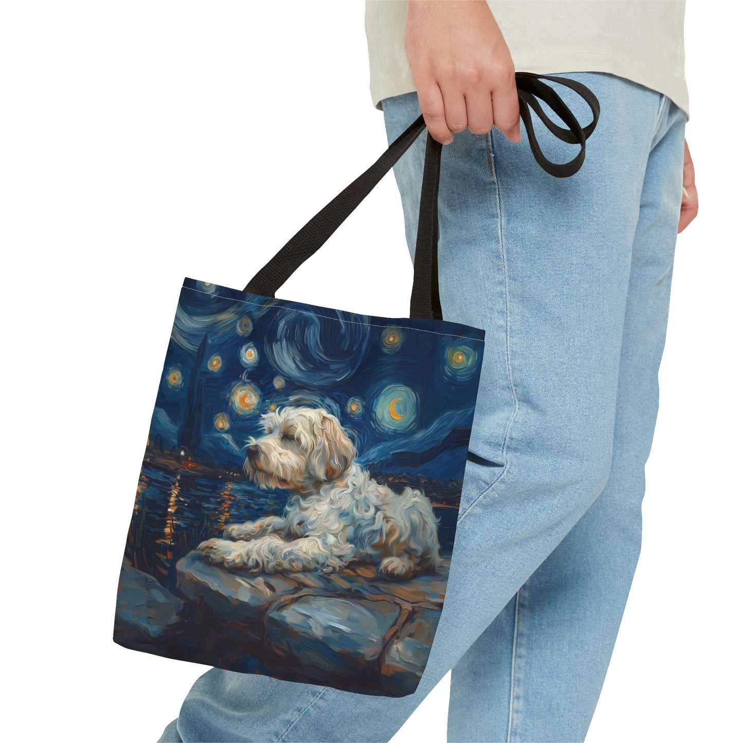 Starry Night Sheepdog Canvas Tote - Artistic Eco-Friendly Bag for Dog Lovers