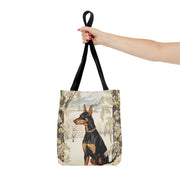 Winter Doberman Tote Bag – Elegant Snowy Alpine Scene Canvas Bag