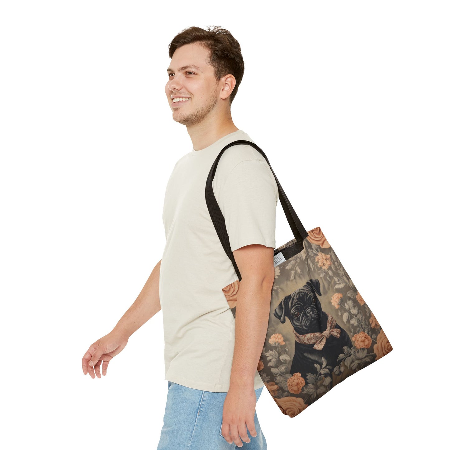 Charming Black Pug Floral Tote Bag with Elegant Bowtie Design