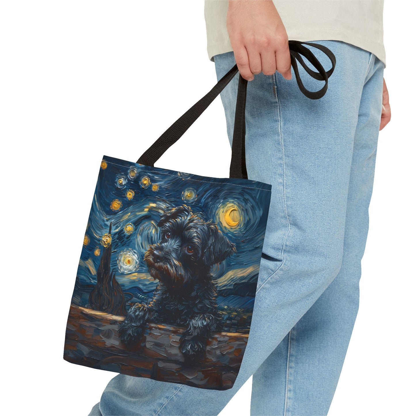 Starry Schnauzer Tote Bag with Van Gogh-Inspired Design