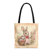 Vintage Easter Bunny Tote Bag with Floral and Egg Basket Design