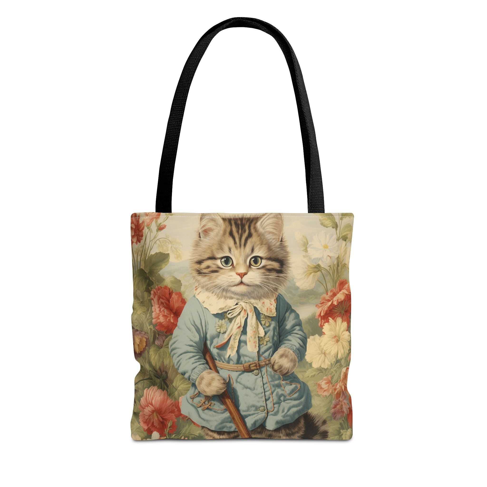 Whimsical Kitten Garden Tote Bag with Vintage Floral Design