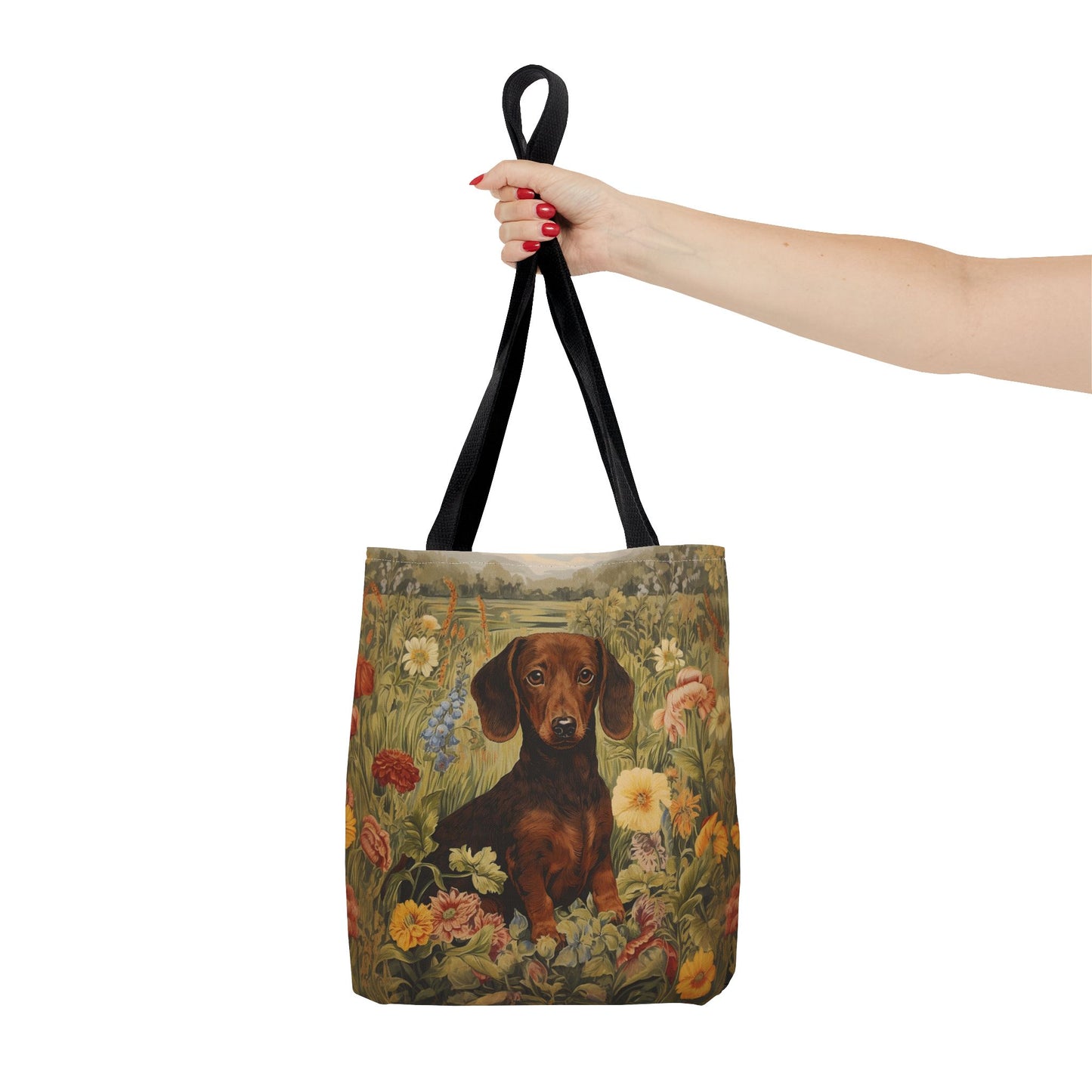 Dachshund Floral Meadow Canvas Tote Bag, Eco-Friendly Shopping Bag