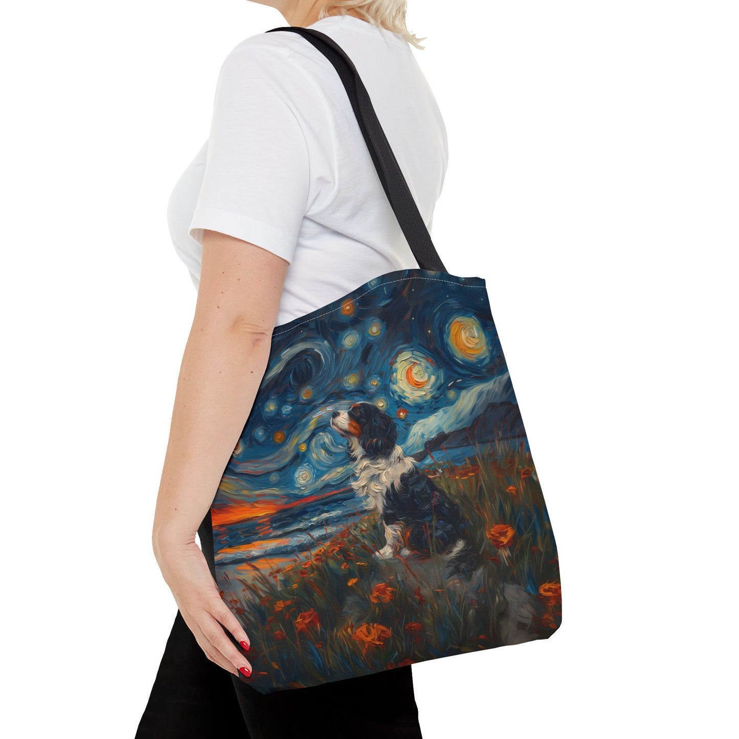 Starry Cavalier Tote Bag, Van Gogh Inspired Eco-Friendly Dog Lover Gift