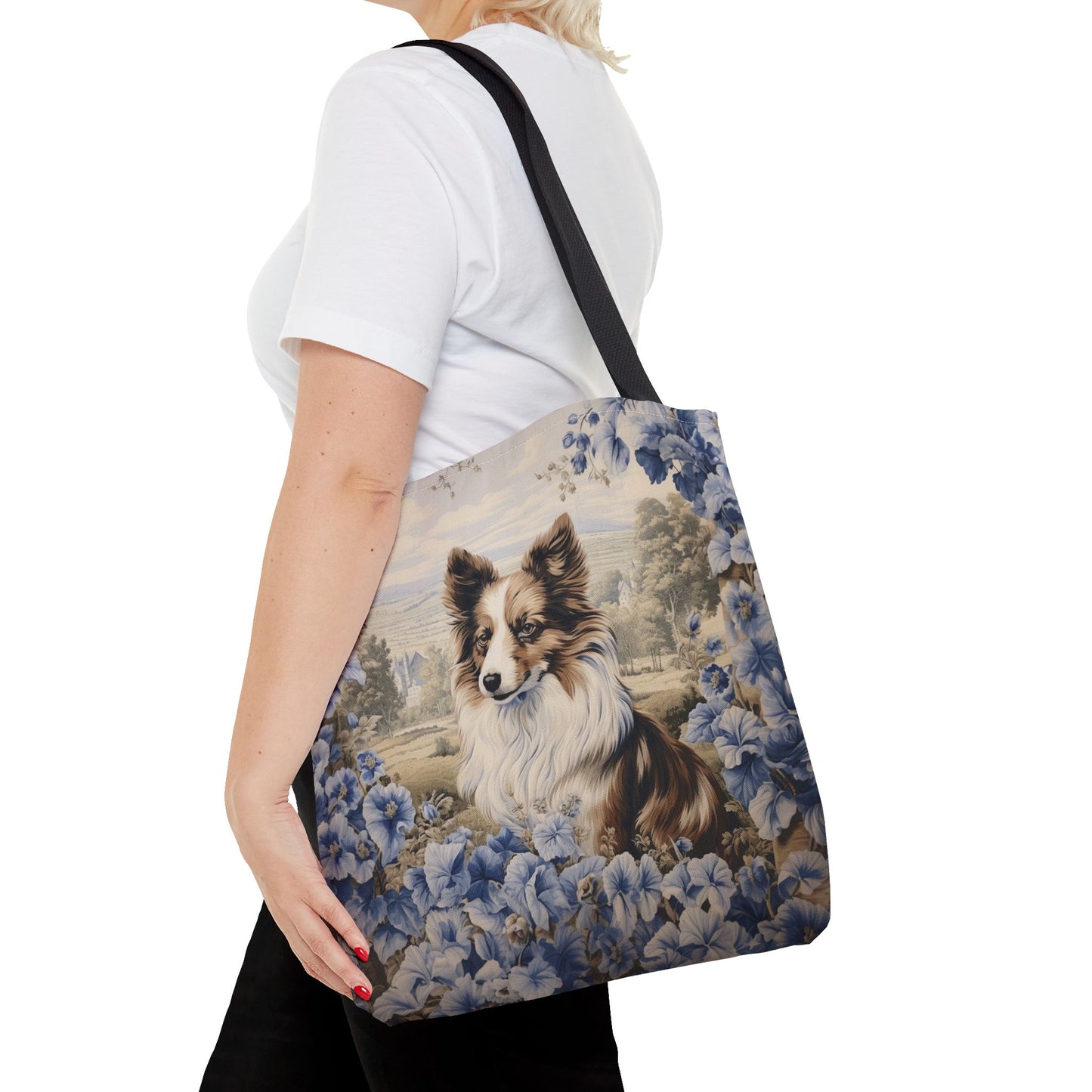 Shetland Sheepdog Floral Tote Bag, Blue Vintage Market Bag for Dog Lovers