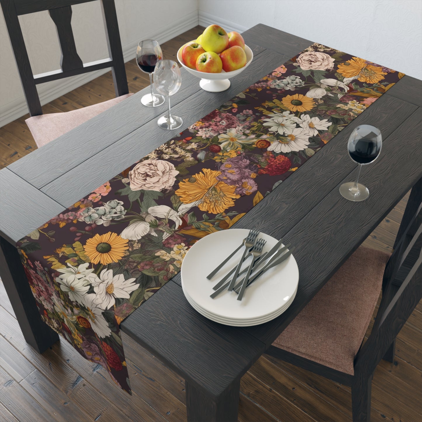 Rustic Floral Table Runner | Burgundy, Gold, and White Design (72" or 90")