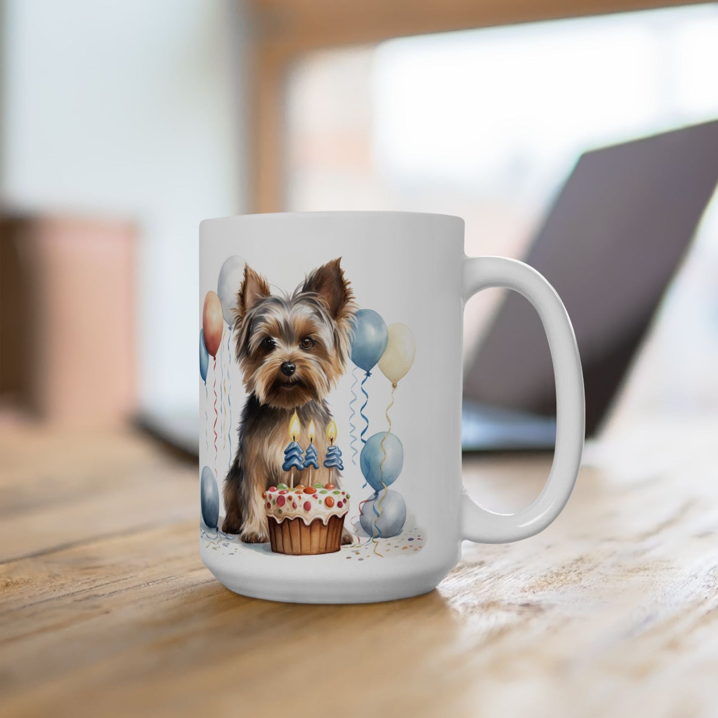 Yorkie Birthday Mug with Balloons and Cake – Perfect Yorkie Mom Gift